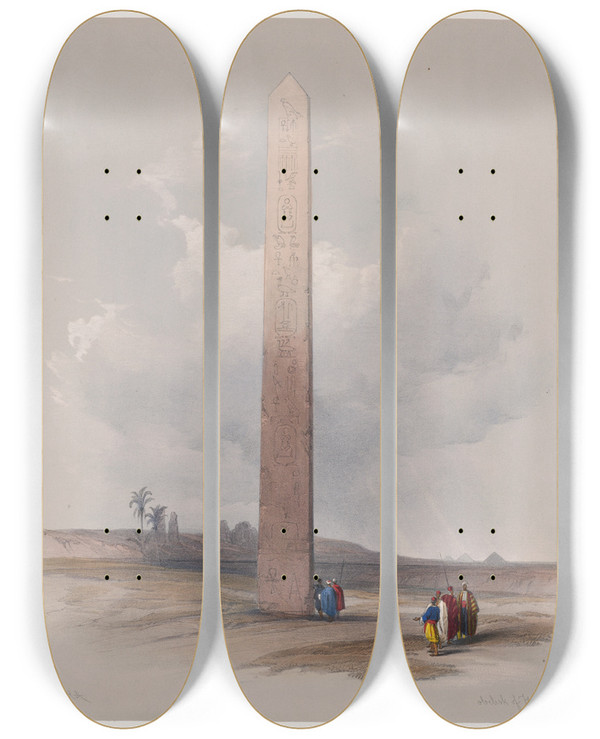 Triptych art skateboard deck of David Roberts Obelisk Of Heliopolis 1839 by David Roberts (1796-1864)