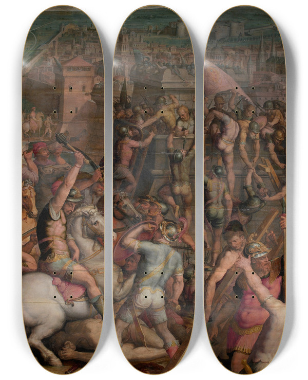 Triptych art skateboard deck of Giorgio Vasari The Taking Of Milano by Giorgio Vasari (1511-1574)
