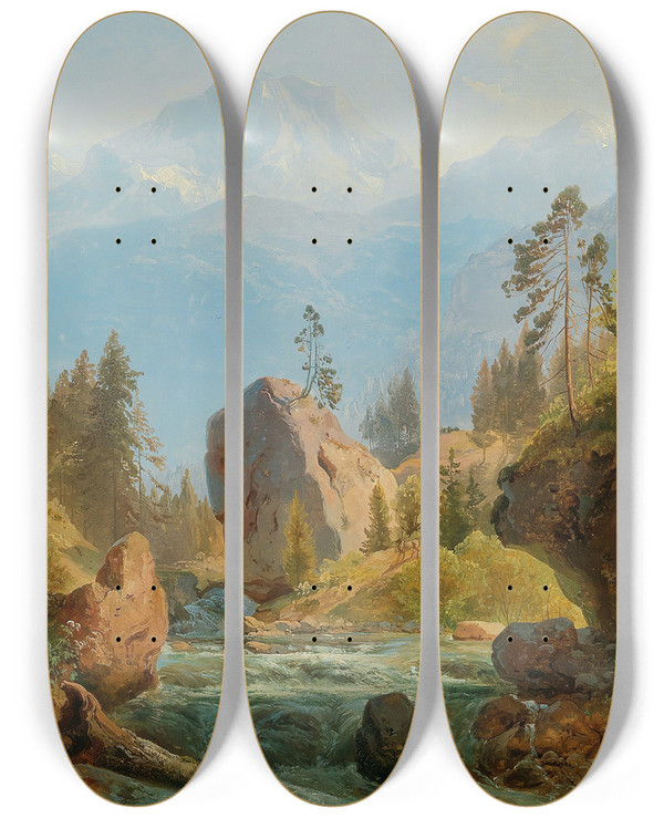 Triptych art skateboard deck of Albert Zimmermann A Mountain Landscape With Creek by Albert Zimmermann (1808-1888)