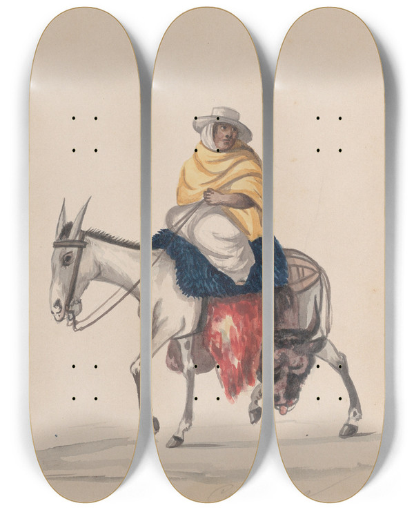 Triptych art skateboard deck of Francisco Fierro A Butcher Riding A Donkey by Francisco Fierro (1807-1879)