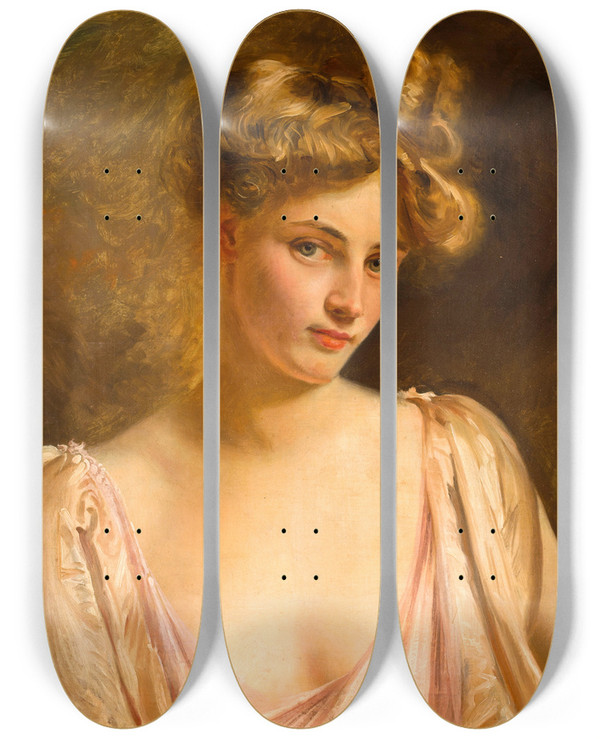 Triptych art skateboard deck of Gustave Jean Jacquet A Blonde Beauty by Gustave Jean Jacquet (1846-1909)