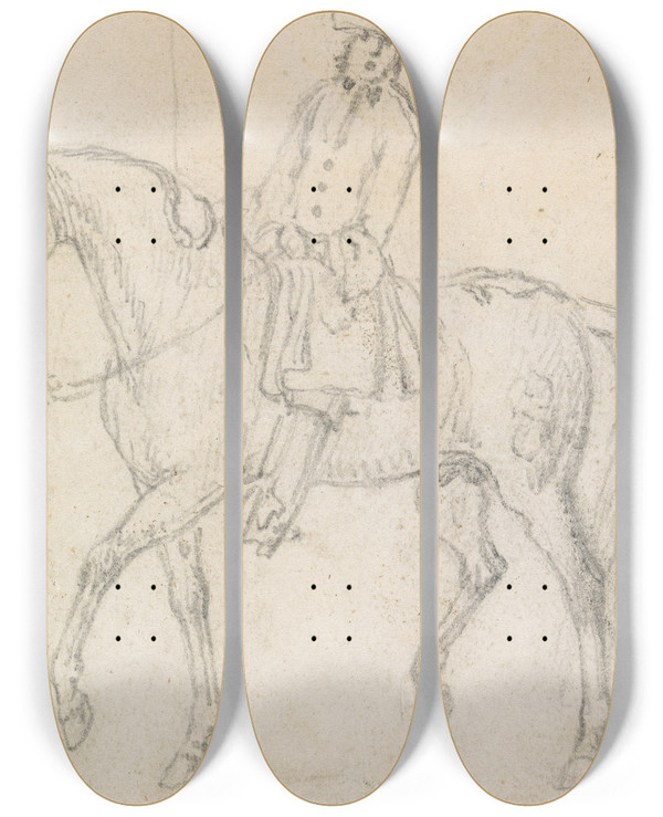 Triptych art skateboard deck of James Seymour Horse With Rider Wearing Tricorne Hat by James Seymour (1697-1752)