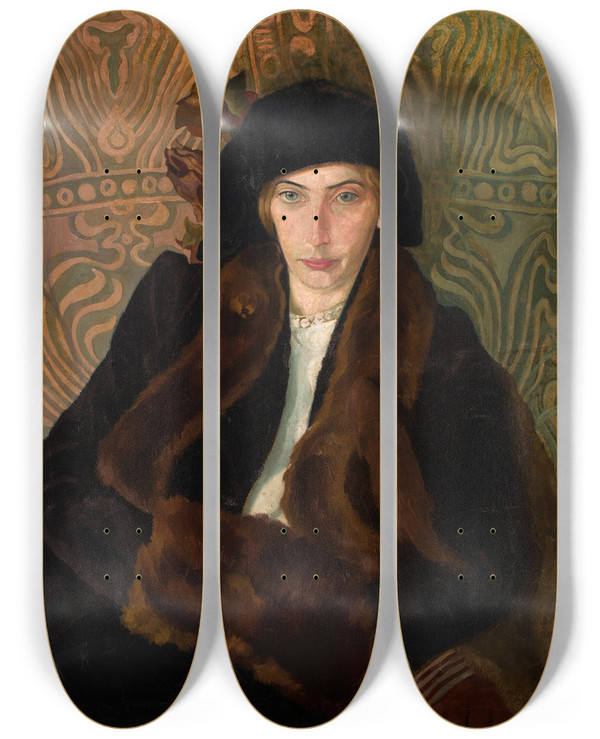 Triptych art skateboard deck of Stanisaw Ignacy Witkiewicz Portrait Of Eugenia Duninborkowska_1 by Stanislaw Ignacy Witkiewicz (1885-1939)