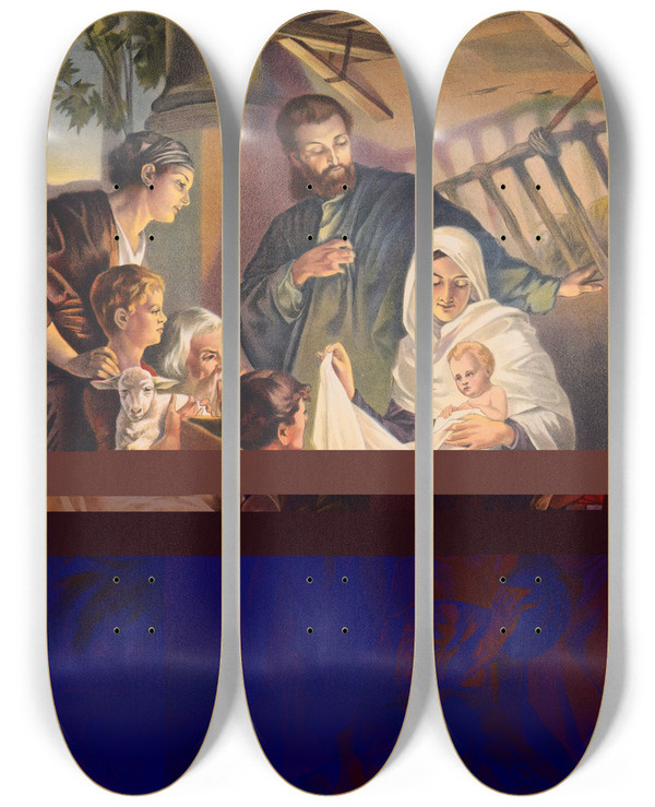Triptych art skateboard deck of Stecher Litho Co Jesus Laid In A Manger by Stecher Litho Co (1871)