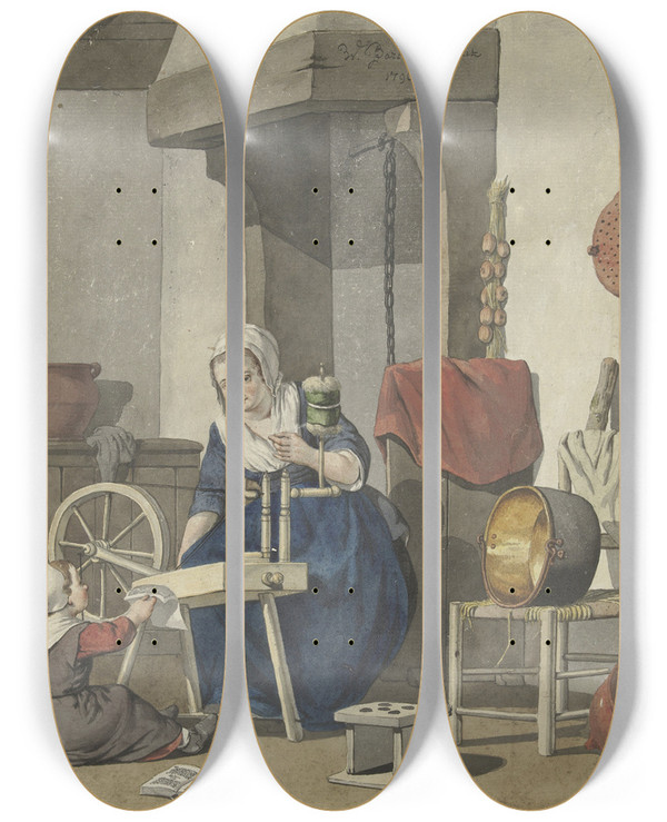 Triptych art skateboard deck of W Barthautz Interieur Met Een Spinnende Vrouw Met Een Kind by W Barthautz (18-19-)