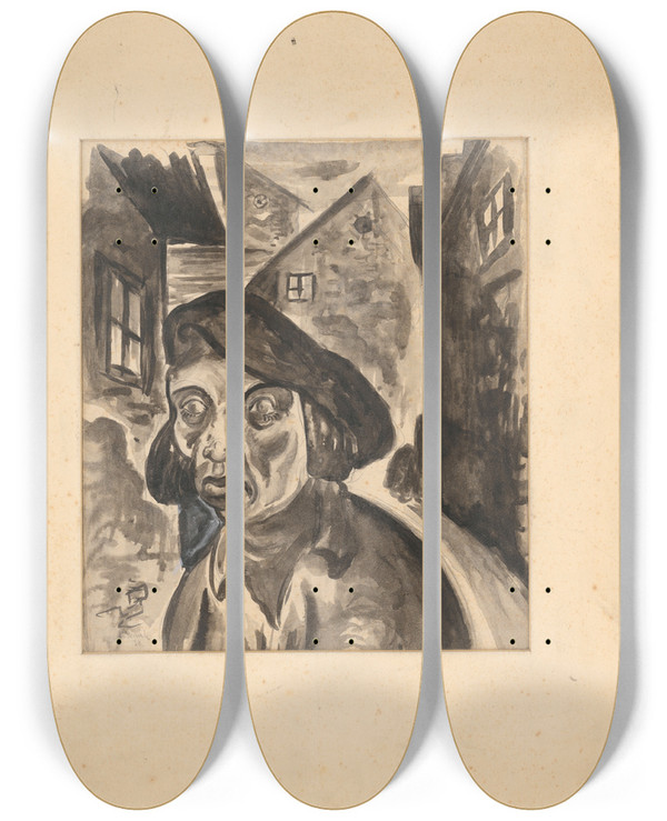 Triptych art skateboard deck of Jn Novk Osamel Postava V Mestskom Prostred by Jan Novak (1921-1944)