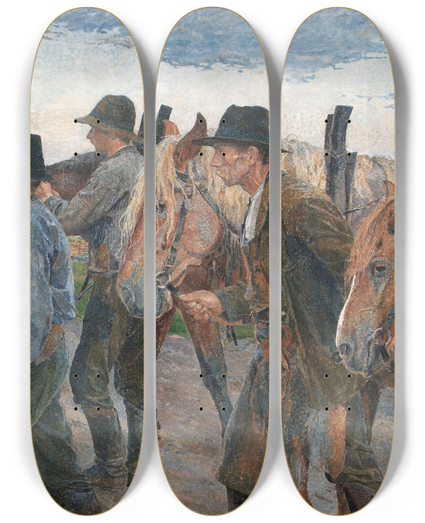 Triptych art skateboard deck of Carl Wilhelmson Farmworkers From Uppland by Carl Wilhelmson (1866-1928)