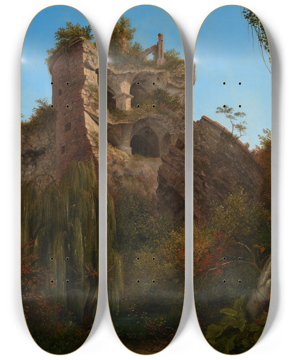 Triptych art skateboard deck of Christian Philipp Kster Der Gesprengte Turm Des Heidelberger Schlosses by Christian Philipp Koster