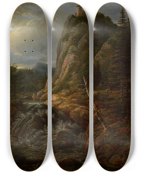 Triptych art skateboard deck of Johan Christian Dahl Nordic Landscape With A Castle by Johan Christian Dahl (1788-1857)