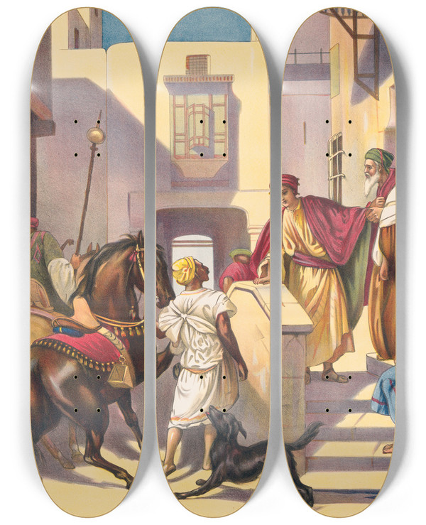 Triptych art skateboard deck of Stecher Litho Co The Departure Of The Prodigal Son by Stecher Litho Co (1871)