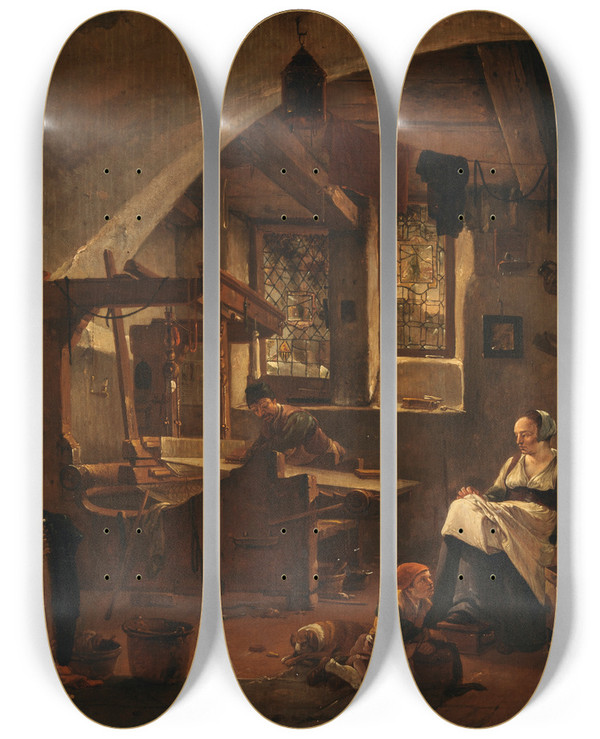 Triptych art skateboard deck of Thomas Wijck Interior Of A Weavers Cottage by Thomas Wijck (1616-1677)