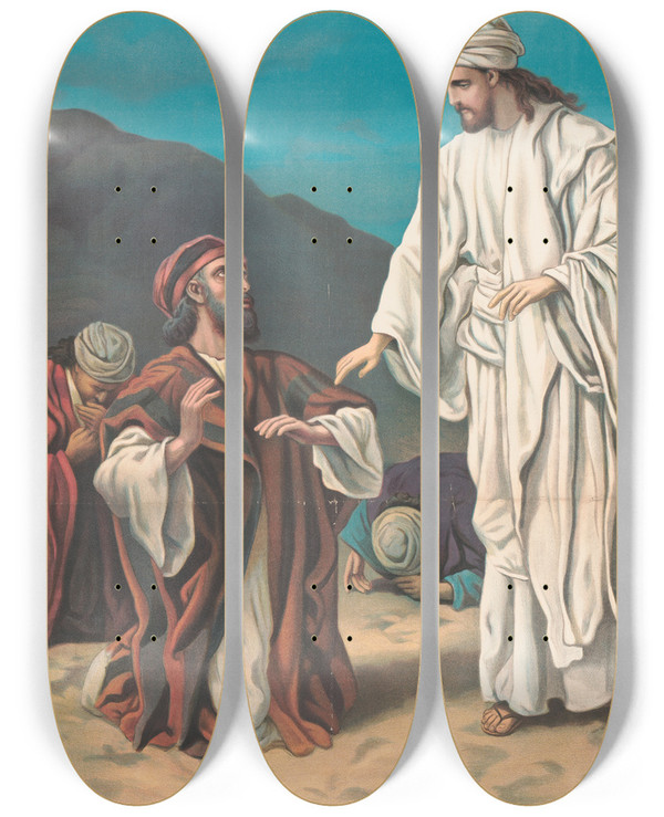 Triptych art skateboard deck of Providence Lith Co The Transfiguration by Providence Lith Co (1880-1975)