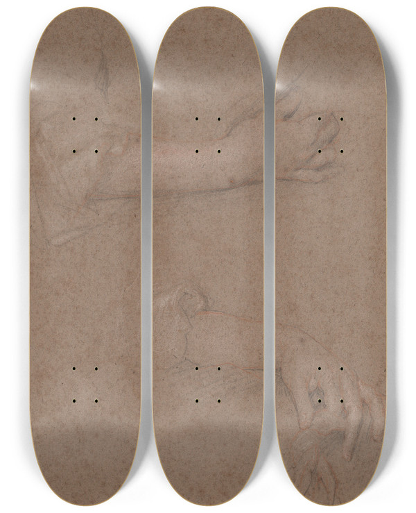 Triptych art skateboard deck of Sir Peter Lely Drawings Of Hands_8 by Sir Peter Lely (1618-1680)