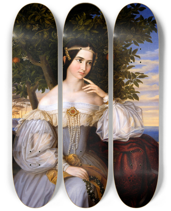 Triptych art skateboard deck of Moritz Daniel Oppenheim Marriage Portrait Of Charlotte De Rothschild by Moritz Daniel Oppenheim (1800-1882)