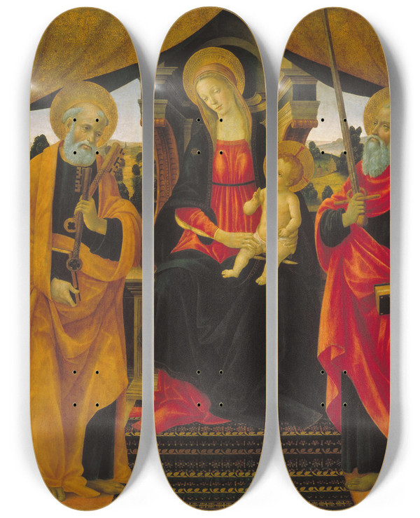 Triptych art skateboard deck of Vincenzo Frediani Virgin And Child Between Saint Peter And Saint Paul by Vincenzo Frediani (1481-1505)