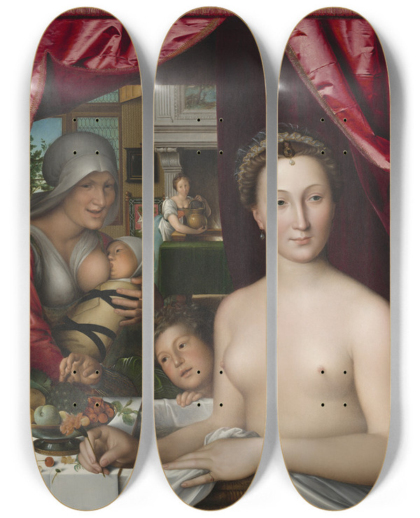 Triptych art skateboard deck of Franois Clouet A Lady In Her Bath by Francois Clouet (1536-1572)
