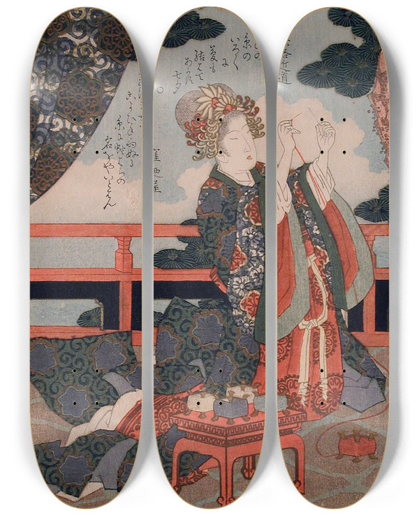 Triptych art skateboard deck of Yashima Gakutei Representing The Tanabata Festival Weaver Princess Threading A Needle by Yashima Gakutei (1786-1868)