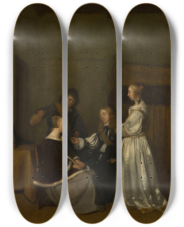Triptych art skateboard deck of Gerard Ter Borch Conversation Galante by Gerard Ter Borch (1617-1681)