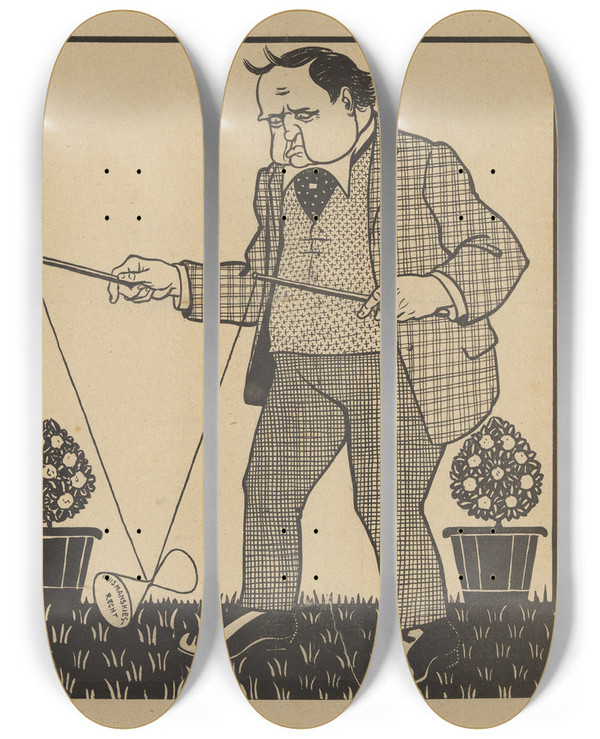 Triptych art skateboard deck of Albert Hahn De Notenkraker 2 November 1907 Kiesrechtdiabolo by Albert Hahn (1877-1918)