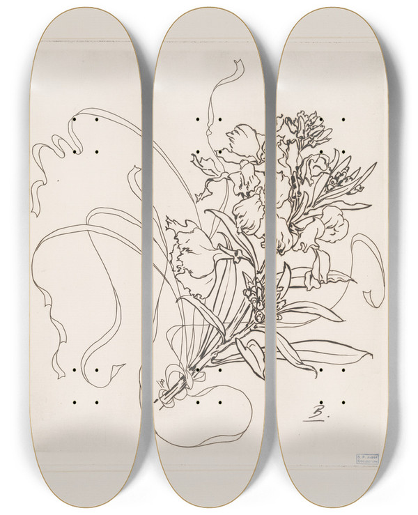 Triptych art skateboard deck of Flix Bracquemond Assiette Girofle by Felix Bracquemond (1833-1914)