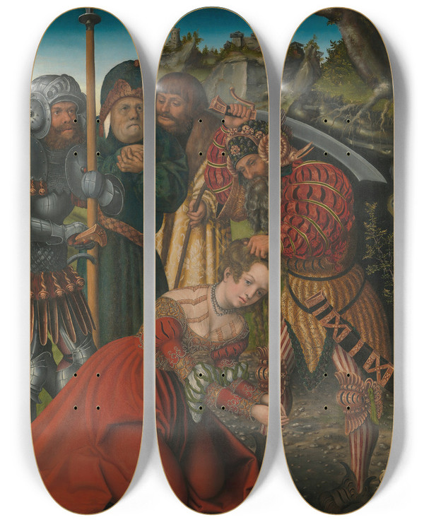 Triptych art skateboard deck of Lucas Cranach The Elder The Martyrdom Of Saint Barbara by Lucas Cranach The Elder (1472-1553)