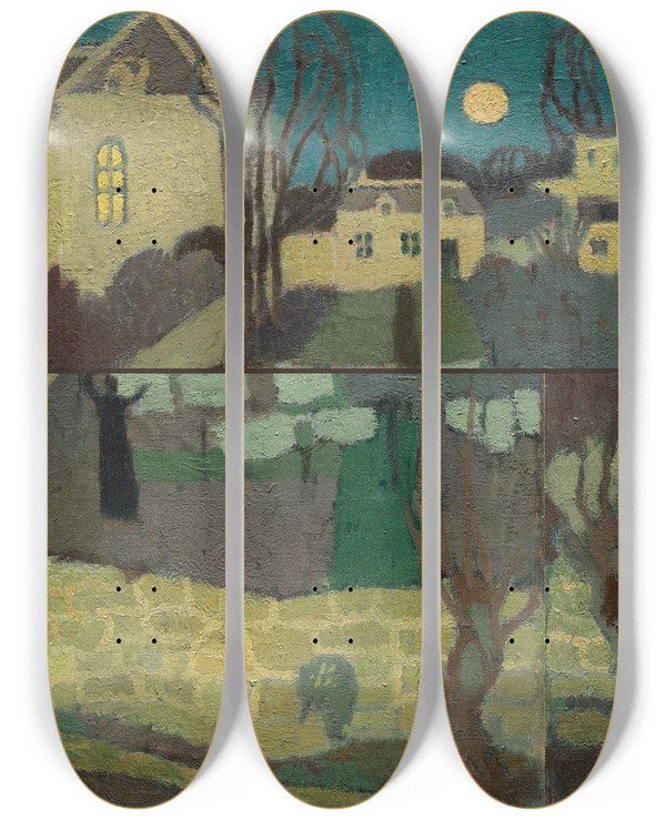 Triptych art skateboard deck of Maurice Denis Drying The Linen Or Moonrise At The Priory by Maurice Denis (1870-1943)