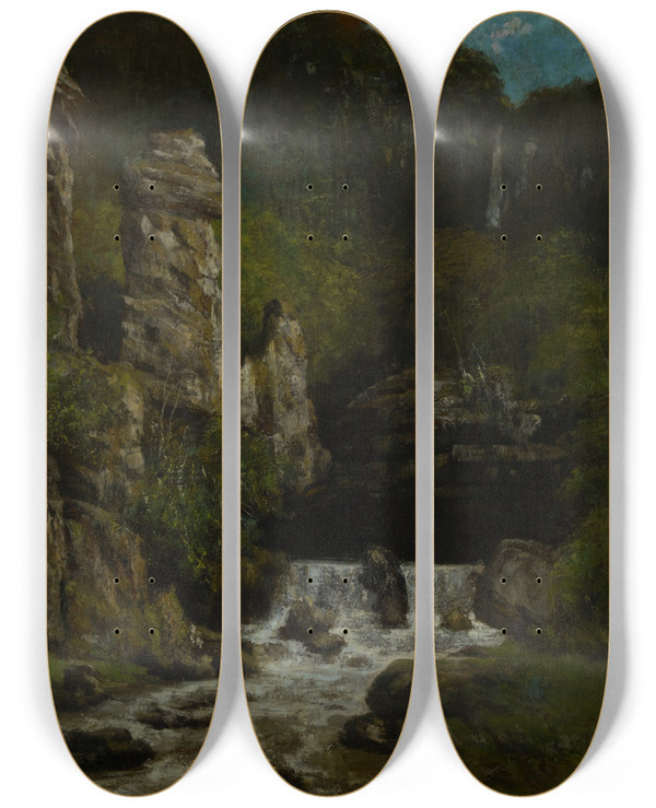 Triptych art skateboard deck of Gustave Courbet Landscape With Awaterfall by Gustave Courbet (1819-1877)