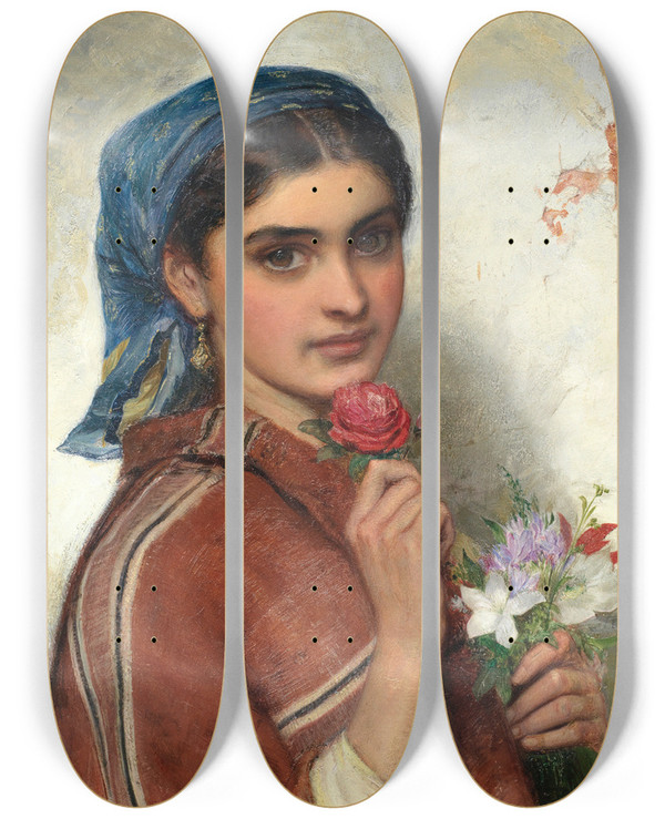 Triptych art skateboard deck of Charles Sillem Lidderdale The Flower Seller by Charles Sillem Lidderdale (1831-1895)