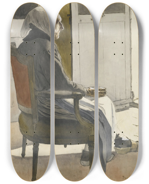 Triptych art skateboard deck of Bernard Boutet De Monvel Portrait De Vieille Paysanne Assise Devant Une Port by Bernard Boutet De Monvel (1881-1949)