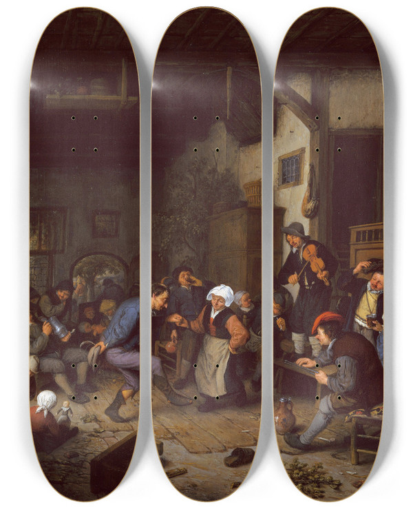 Triptych art skateboard deck of Adriaen Van Ostade Merrymakers In An Inn by Adriaen Van Ostade (1610-1684)