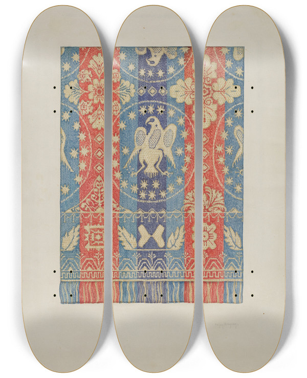 Triptych art skateboard deck of Helen Bronson Woven Coverlet_1 by Helen Bronson
