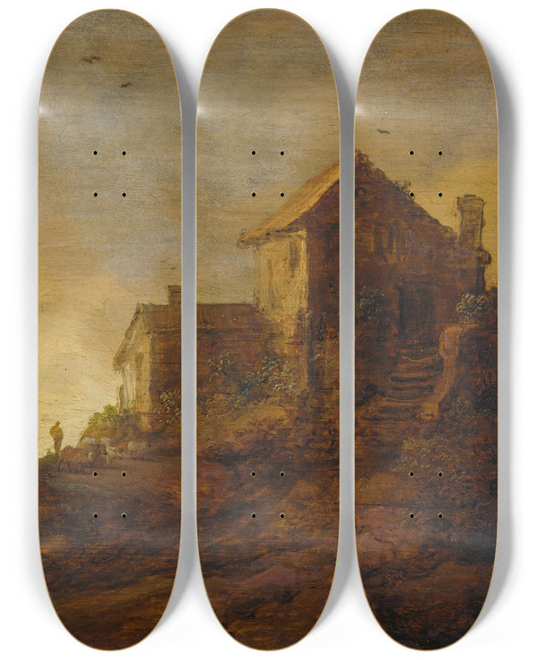 Triptych art skateboard deck of Pieter De Molijn Landscape With A Cottage_2 by Pieter de Molijn (1595-1661)