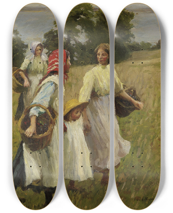 Triptych art skateboard deck of Harold Harvey The Blackberry Harvest_1 by Harold Harvey (1874-1941)