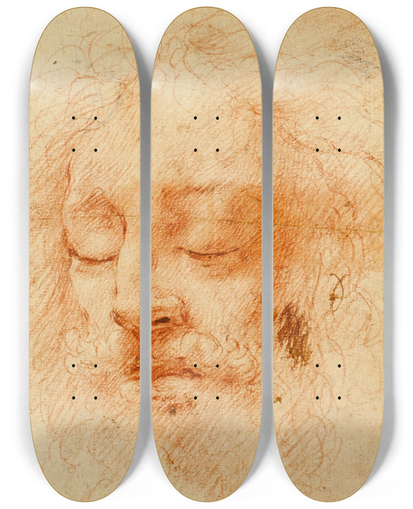 Triptych art skateboard deck of Correggio Head Of A Sleeping Man by Correggio (1489-1534)