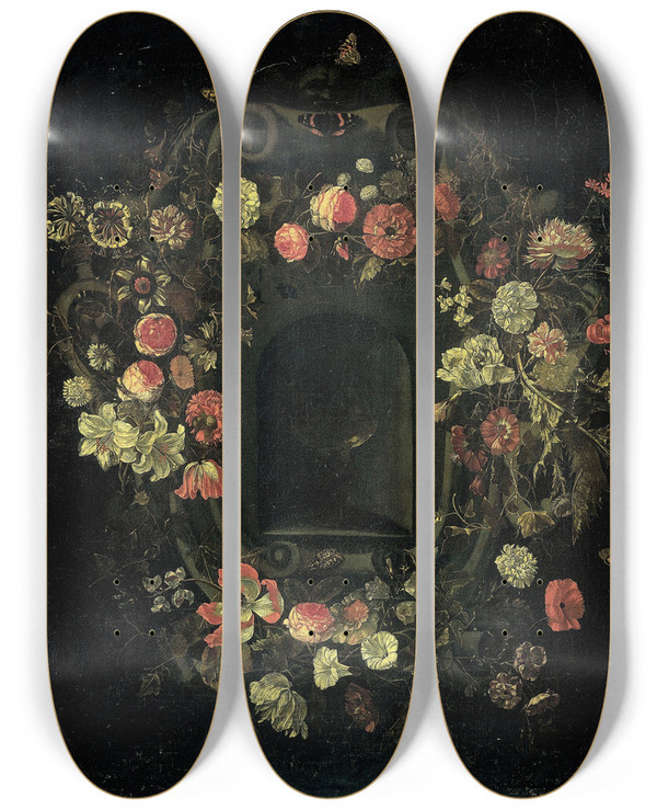 Triptych art skateboard deck of Karel Batist Wreath Of Flowers Encircling A Niche by Karel Batist (1659-1668)