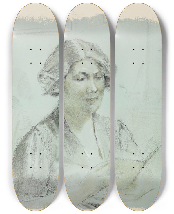 Triptych art skateboard deck of Sergey Chekhonin Portrait Of The Artists Wife Lydia Vytchegjanine_1 by Sergey Chekhonin (1878-1936)