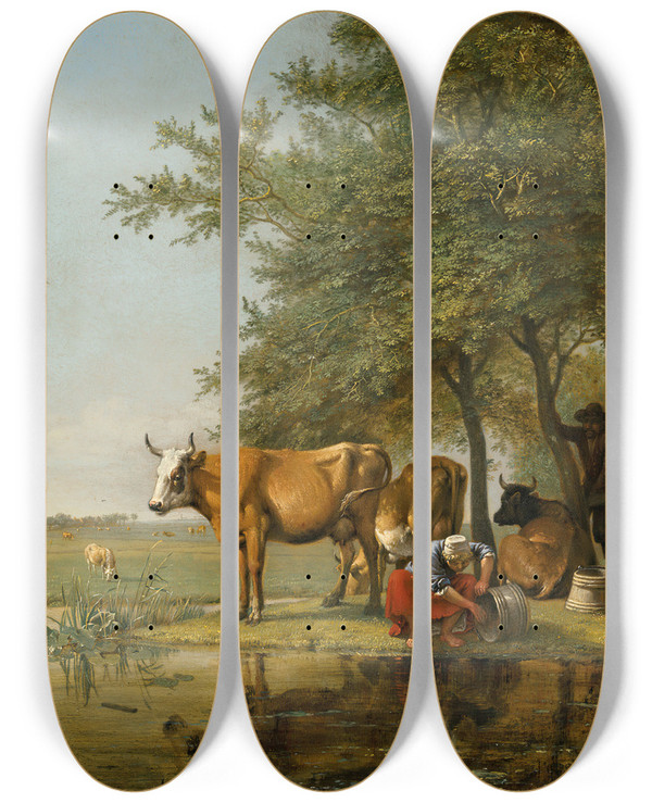 Triptych art skateboard deck of Paulus Potter Landscape With Cattle And A Woman Cleaning A Bucket By A Stream by Paulus Potter (1625-1654)
