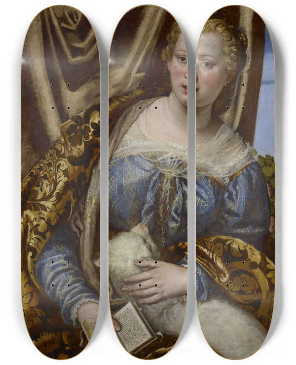 Triptych art skateboard deck of Paolo Veronese Portrait Of A Lady As Saint Agnes by Paolo Veronese (1528-1588)