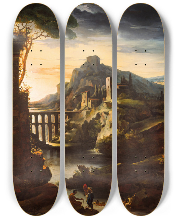 Triptych art skateboard deck of Thodore Gricault Evening Landscape With An Aqueduct by Theodore Gericault (1791-1824)