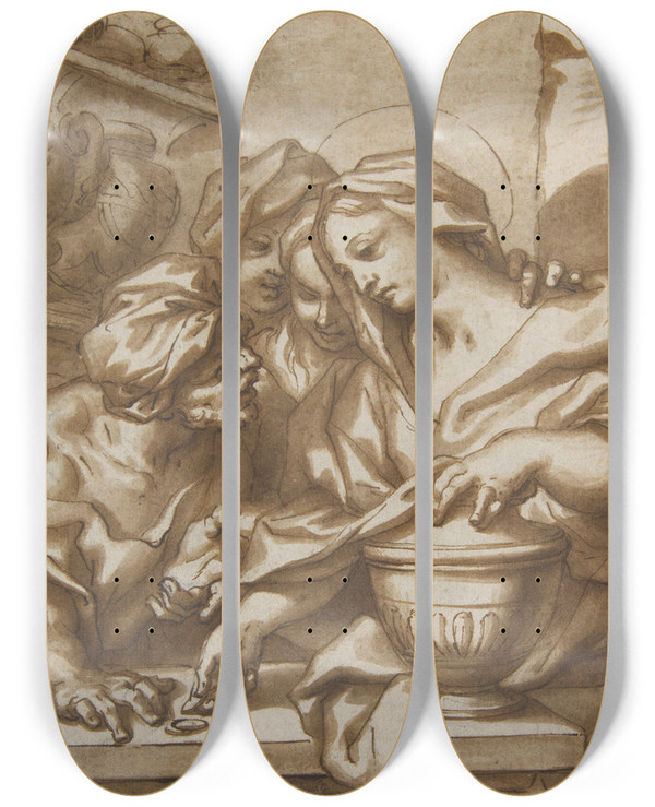 Triptych art skateboard deck of Paolo Gerolamo Piola Mary Magdalen Buying Ointment by Paolo Gerolamo Piola (1666-1724)