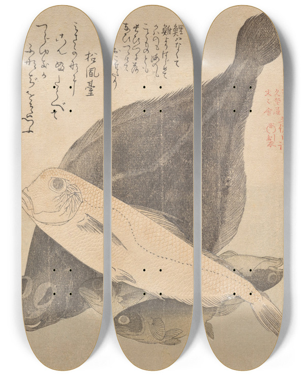 Triptych art skateboard deck of Kubo Shunman Flounder Tilefish And Three Crucian Carp From The Series Tosa Diary Tosanikki by Kubo Shunman (1757-1820)