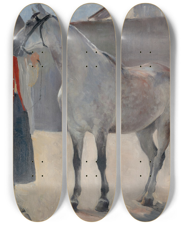 Triptych art skateboard deck of Jozef Hanula Study Of A Grey Horse With A Coachman by Jozef Hanula (1863-1944)