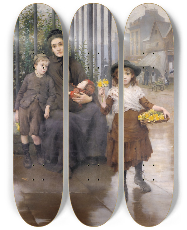 Triptych art skateboard deck of Thomas Benjamin Kennington The Pinch Of Poverty by Thomas Benjamin Kennington (1856-1916)
