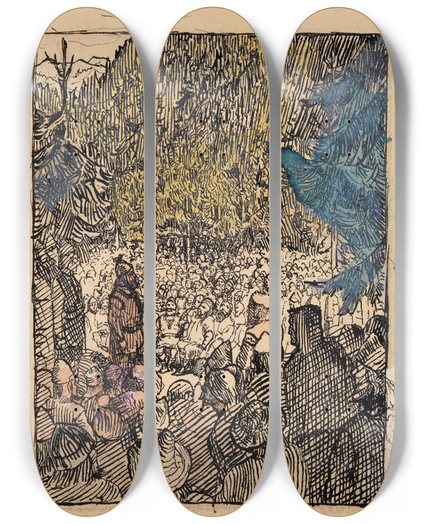 Triptych art skateboard deck of Christian Krohg Preparation For Illustration In Snorre Sturlason Kongesagaer by Christian Krohg (1852-1925)