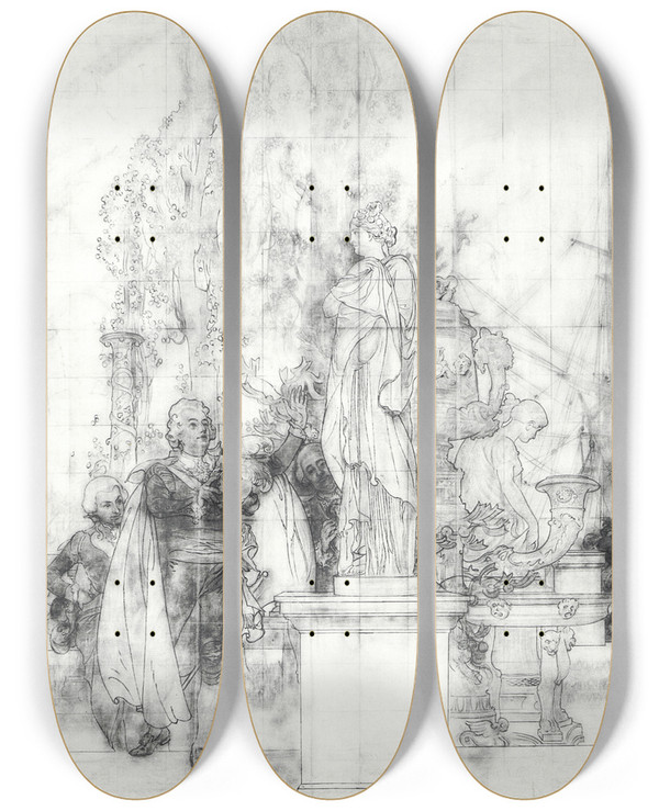 Triptych art skateboard deck of Carl Larsson Patron Of The Fine Arts And Founder Of The Museum King Gustav Iii Of Sweden Recieving Antique Pieces Of Art by Carl Larsson (1853-1919)
