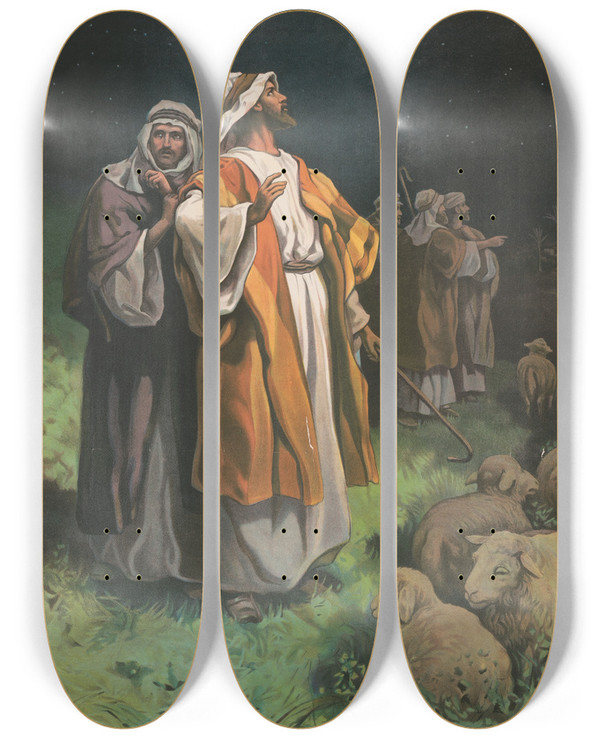 Triptych art skateboard deck of Providence Lith Co The Shepherds Find Jesus by Providence Lith Co (1880-1975)