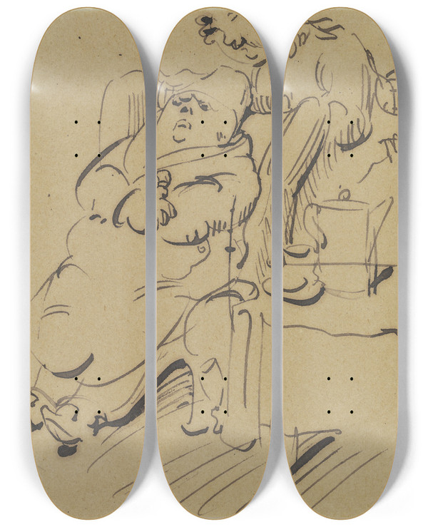 Triptych art skateboard deck of Wilhelm Busch Frau Knopp Redet Ihrem Mann Gut Zu by Wilhelm Busch (1832-1908)