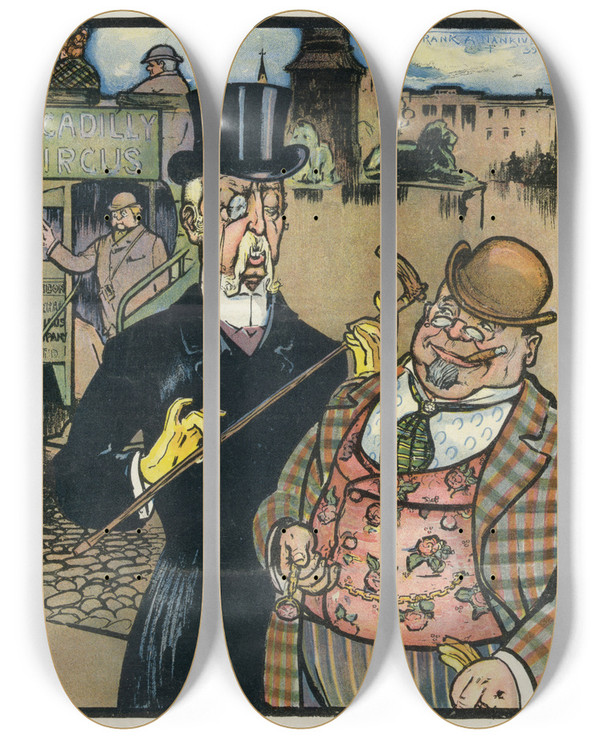 Triptych art skateboard deck of Frank Arthur Nankivell A Firstclass Lie by Frank Arthur Nankivell (1869-1959)