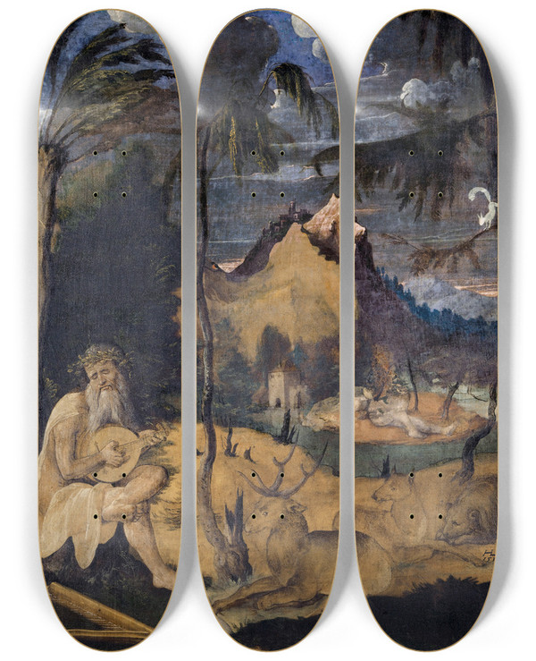 Triptych art skateboard deck of Hans Leu The Younger Orpheus Among The Animals by Hans Leu The Younger (1490-1531)