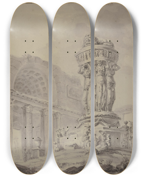Triptych art skateboard deck of Jacquesfranois Blondel Zwischen Resten Eines Rmischen Prachtgebudes Tragen Drei Kolossale Karyatiden Eine Vase Mit Einem Lwen by Jacques-Franois Blondel (1705-1744)